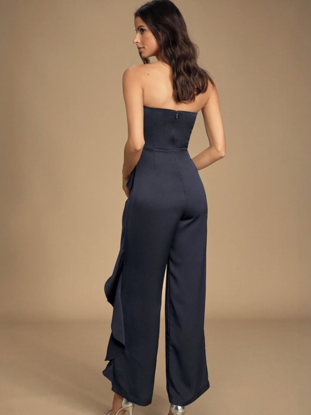 Lululs Cascading Love Navy Blue Strapless Ruffled Wide-Leg Jumpsuit NWT - Picture 4 of 8